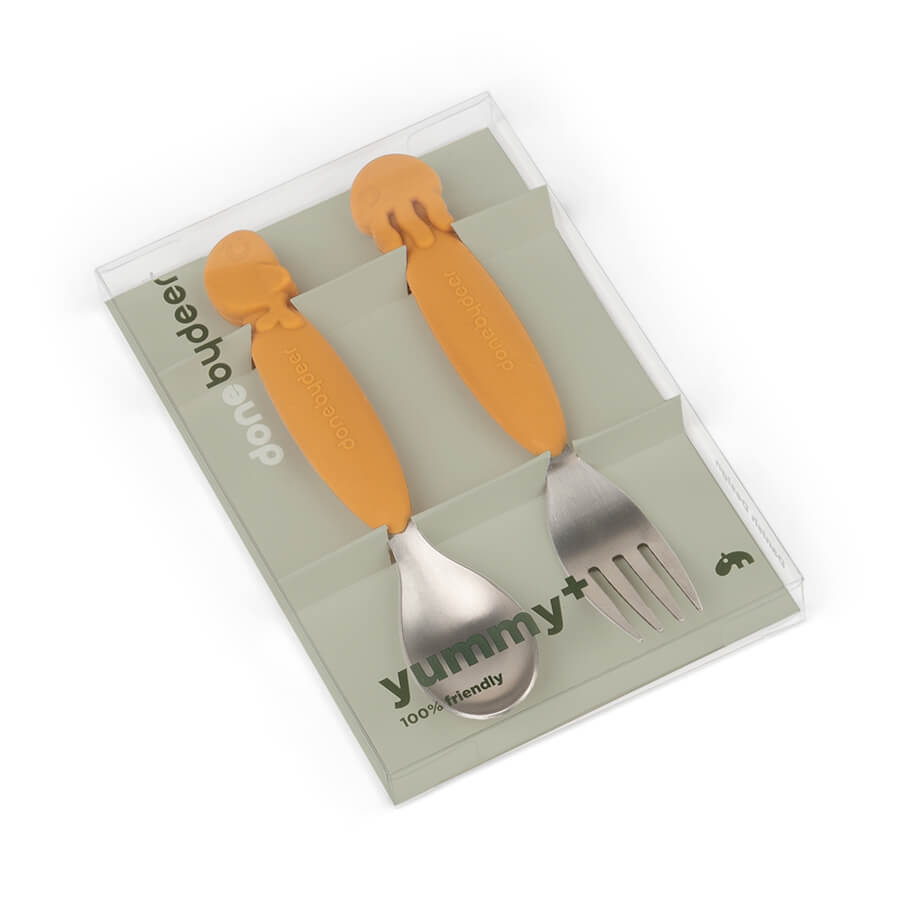 YummyPlus spoon & fork set Sea friends Mustard